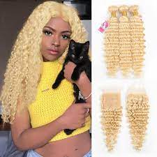 9a grade 613 deep wave bundles with closure free part blonde color virgin human hair. 613 Hair Color Deep Wave Weave With 4x4 Lace Closure Alipearl Hair