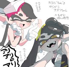 samochau, callie (splatoon), marie (splatoon), nintendo, splatoon (series),  splatoon 3, highres, blush, cheek poking, closed eyes, closed mouth,  cousins, fangs, hand on own face, mole, poking, pov, yuri - Image View - |