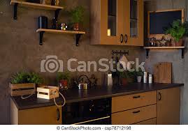 Modern kitchen cabinets are the key to creating a contemporary interior design. Close Up Of Interior Design Kitchen Modern Domestic Dark Interior Of Kitchen Cabinets And Shelves With Cookware Modern Canstock