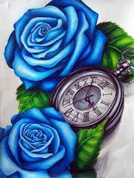 3d Blue Rose With Pocket Watch Tattoo Design By Lindsay Blue Flower Tattoos Blue Rose Tattoos Pocket Watch Tattoo Design