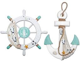 Just a small amount of beach theme decor can transform your space into a summer vacation getaway. 2 Pack 11 Nautical Beach Wooden Ship Wheel And 13 Wood Anchor With Rope Nautical Boat Steering Rudder Wall Decor Door Hanging Ornament Beach Theme Home Decoration White Green Buy Online At Best Price