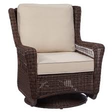 Hampton Bay Park Meadows Brown Swivel Rocking Wicker Outdoor Lounge Chair With Beige Cushion 65 214544 The Home Depot Outdoor Chairs Lounge Chair Outdoor Swivel Rocking Chair