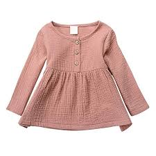 Amazon Com Baby Girls Round Neck Long Sleeve Cotton Linen Tops Dresses Clothing Baby Girl Shirts Kids Outfits Girls Girl Outfits