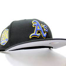 Oaklandathletics 50th Anniversary New Era 59fifty Neweracap In Black Blue Yellow With Graybottom Goldenstatewarriors In 2021 Fitted Hats Hats For Men New Era Cap