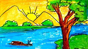 Boat sailing on water pencil drawing how to draw a sunrise scenery easily. How To Coloring Easy Sunrise With Oil Pastel Easy Scenery For Kids Art Drawings For Kids Flower Drawing Images Drawing Scenery
