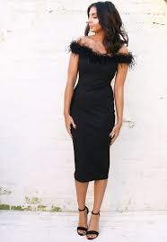 Feather Trim Off The Shoulder Bardot Pencil Midi Dress In Black Dresses Midi Pencil Dress Frill Tops