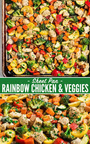Rainbow Sheet Pan Chicken And Veggies Use Broccoli Sweet Potatoes Zucchini Or Any Oth Sheet Pan Dinners Recipes Sheet Pan Dinners Healthy Sheet Pan Recipes