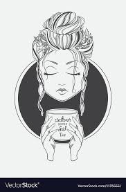 Girl Drinking Coffee Black And White Print Line Vector Image Coffee Art Drawing Coffee Drinks Black And White Coffee