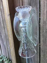 This Garden Angel Is Made From Vintage Glass Dishes Vases And Candle Holders It Measures 13 Inches High And 7 Inches Garden Angels Glassware Crafts Yard Art
