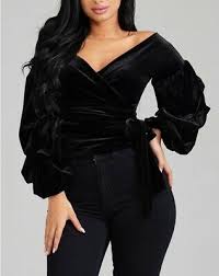 Black Velvet Off Shoulder Puff Bell Sleeve Faux Wrap Blouse Shirt Top Ebay
