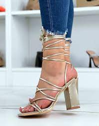 Golden Sandals With Criss Cross Laces And High Square Heel