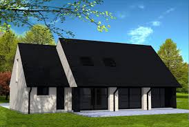 Maison Moderne En Briques Jaunes Et Toiture 2 Pans En Tuiles Noires Outeau En Facade Avant Baie Vitree En Angle Avec Habi Maison Moderne Maison Tuile Noire