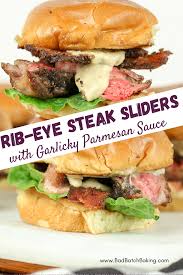 Parmesan crusted steak is a delicious way to make steak. Rib Eye Sliders With Garlic Parmesan Cream Sauce Beef Sliders Cooking The Perfect Steak Homemade Snacks Recipes