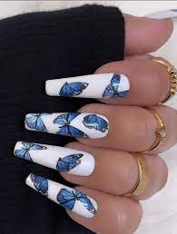 Blue ink and blue color nail polish 3d butterflies nail art. Beautiful Butterfly Long Coffin Nails Art Designs For Summer 2020 Lily Fashion Style Quinceanera Nails Long Acrylic Nail Designs Coffin Nails Long