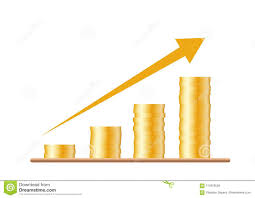 Four Stacks Of Gold Coins With An Arrow Of A Growing Chart