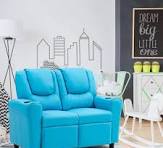 Sofá Reclinable Doble Para Niños Con 2 Portavasos Color Azul Azul Diseño De  La Tela