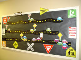 I Gave Each Student A Car And Used Road Signs For Reading Counts Points As A Motivational B Preschool Bulletin Boards Kids Bulletin Boards Goals Bulletin Board