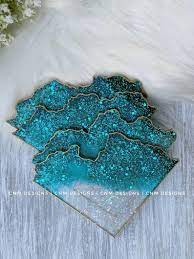 Aquamarine Geode Coaster Teal Glitter Resin Coaster Epoxy Art Functional Art Glitter Coasters Home Decor Resin Coaster Geode Resin Coasters Diy Resin Coasters