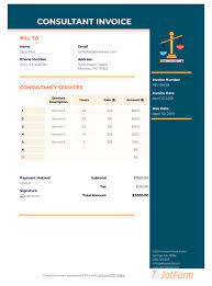 Consulting refers to a type of service rendered by experts in a particular field regularly and for the long term, unlike a freelancer. Consultant Invoice Template Pdf Templates Jotform