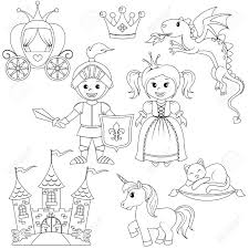 Marchen Prinzessin Ritter Schloss Kutsche Einhorn Krone Drachen Katze Und Schmetterling Schwarz Weiss Vektor Illustration Fur Malbuch Lizenzfrei Nutzbare Vektorgrafiken Clip Arts Illustrationen Image 68691540