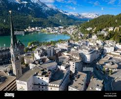 Aerial panoramic view of the famous Saint Moritz city center village and  lake on a sunny summer day in the alps in Switzerland, Canton Graubunden  Stock Photo - Alamy