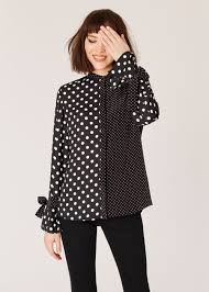 Black And White Polka Dot Shirt Womens Model Front Close Up Women S Black And White Polka Dot Shirt With Tie Cuffs Paul Smith Black Shirts Women Womens Winter Fashion Outfits Ladies Tops Fashion