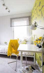 Modern Bright Bedroom For Older Kids With Lovable Yellow Grey Wallpaper Decor And Minions Inspired Fun Decoration Grey Wallpaper Decor Home Yellow Room
