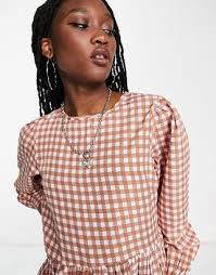 Daisy Street mini smock dress in micro pink brown check