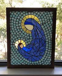 Stained Glass Mosaic Mosaic Window Hanging Mosaic Sun Catcher Christmas Decor Mary And Jesus Mother And Child Glass On Glass Holidays Christmas Mosaics Mosaic Glass Stained Glass Mosaic