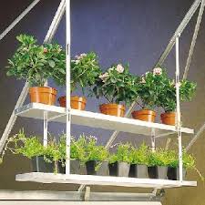 This simple indoor greenhouse is right for a small space, it's built of wood and there are some containers for growing. Greenhouse Shelving Staging Greenhouse Benches