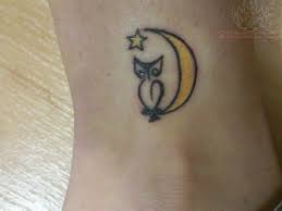 Yellow Star And Moon With Owl Tattoo Tiny Owl Tattoo Owl Tattoo Simple Owl Tattoo