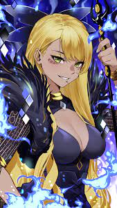 tochi keisuke, vritra (fate), fate grand order, fate (series), absurdres,  highres, 1girl, armlet, black dress, blonde hair, blue fire, bracelet,  breasts, brown eyes, cleavage cutout, clothing cutout, dark