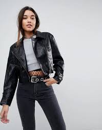 Asos Cropped Leather Look 80 S Biker Jacket Leather Jacket Girl Cropped Biker Jacket Leather Jacket Outfits