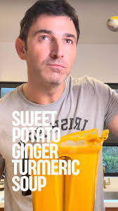 Roasted Sweet Potato–Ginger–Turmeric Soup, Ingredients * 4 sweet potatoes,  cubed * 1 (3-inch) piece fresh turmeric, peeled * 1 (3-inch) piece fresh  ginger, peeled * 1 onion, diced * 1 large carrot, ...