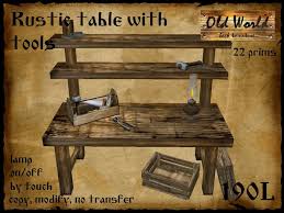 This dining table features space for up to six, making it ideal for cozy dinner parties. Second Life Marketplace Rustic Table With Tools Old World Medieval