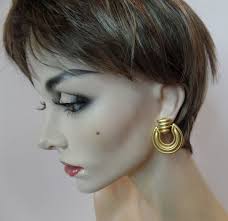 PEP Vintage Statement Pierced Earrings Brushed Goldtone Hoop Signed PEP