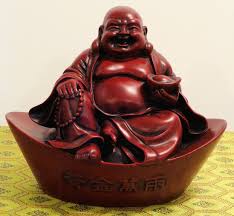 This calming statue features a thai buddha meditating in lotus. Red Resin Happy Buddha Sitting On Large Ingot
