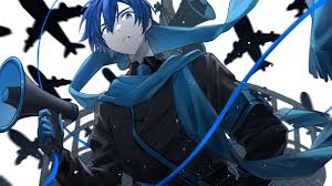 parang 99, kaito (vocaloid), koi wa sensou (vocaloid), vocaloid, highres,  1boy, aircraft, airplane, armband, b-52 stratofortress, black gloves, black  jacket, black shirt, blue eyes, blue hair, blue scarf, collared shirt,  colored skin,