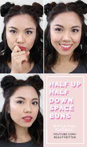 Hair How To Heatless Half Up Half Down Space Buns Tutorial For Short Hair Coachella Hairstyle Inspiration Short Hair Tutorial Coachella Hair Short Hair Bun