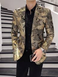 Black And Gold Blazer Mens Gold Stripes Print Blazer Latestblazer Com In 2020 Mens Blazer Jacket Designer Suits For Men Prom Blazers For Men