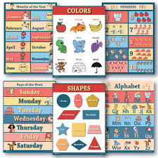 6 educational laminated poster teaching charts for classrooms early education for learning alphabet abc days of the week shapes counting chart