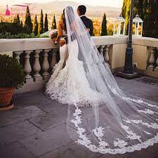 Bride in wedding veil on sea happy smiling bride in ivory lace wedding dress with flattering tulle train and large cascade bridal. Long Lace Wedding Veil 3 Meters One Layer White Ivory Bride Accessories Bridal Veil With Comb Hl05 Veil Silk Accessories Microphoneaccessories Pipe Aliexpress