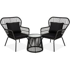 Best Choice Products 3 Piece Patio Wicker Conversation Bistro Set W 2 Chairs Glass Top Side Table Cushions Black Walmart Com In 2020 Glass Top Side Table Patio Furniture Sets Bistro Furniture