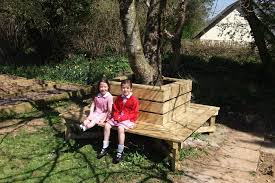 Two seater bench with center table. Square Tree Bench By Broxap Street Furniture