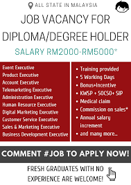 The average salary for a marketing is rm 15,000 in kuala lumpur, malaysia. Job Vacancies For Diploma Degree Maukerja Malaysia Facebook