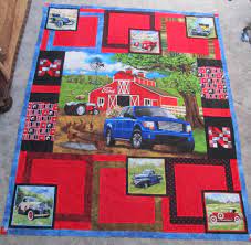 Sold Fun Quilt With Ford Truck Antique Cars Windmills Huskers And Custom Quilting This 62 X 75 Fabric Panel Quilts Baby Boy Quilt Patterns Car Quilt