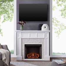 27 1/4 w x 30 h x 9 1/2 d. Harper Blvd Johnesborough Faux Stone Media Electric Fireplace White With Rustic White Walmart Com Walmart Com