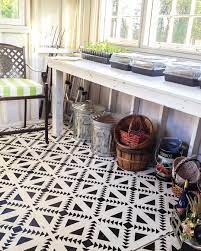 This Fabulous She Shed Floor Got A Major Uplift Thanks To A Little Paint And Our Concrete Quilt Tile Tile Stencil Stenciled Concrete Floor Stencil Furniture