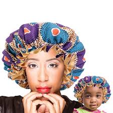 Anne ve ben Bonnet seti çift katmanlı ipeksi uyku kap afrika desen baskı  saten kaplı Bonnet kadınlar kız saç bakım şapka Headwrap