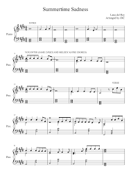 Summertime Sadness By Lana Del Rey Summertime Sadness Piano Songs Sheet Music Song Sheet